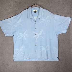 Tommy Bahama Shirt Mens 2XL Blue Silk Palm Tree Hawaiian Button Up Camp Casual